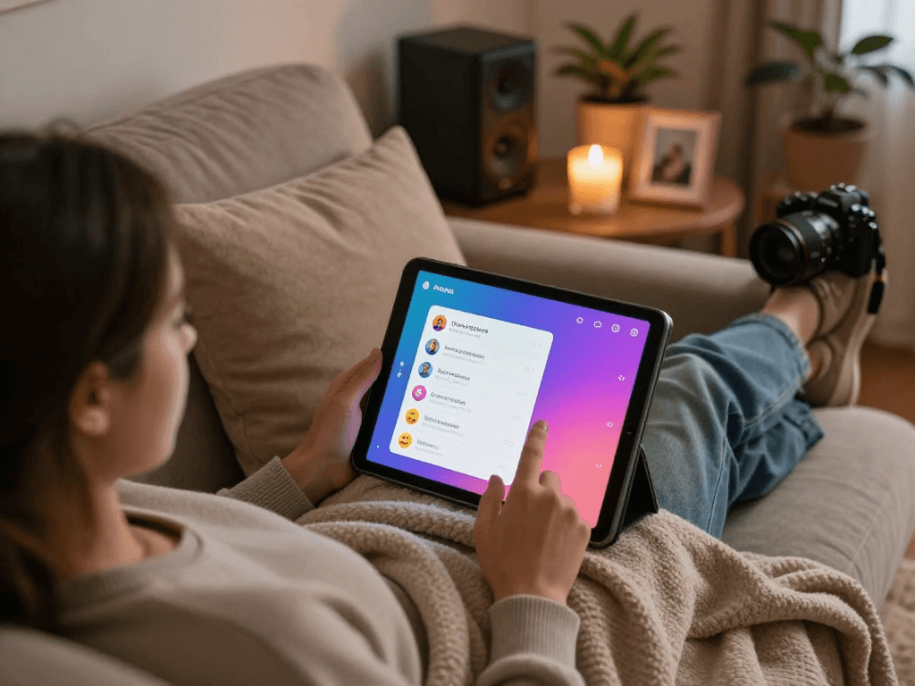 Engaging in sex chat ai on a cozy couch with a warm atmosphere