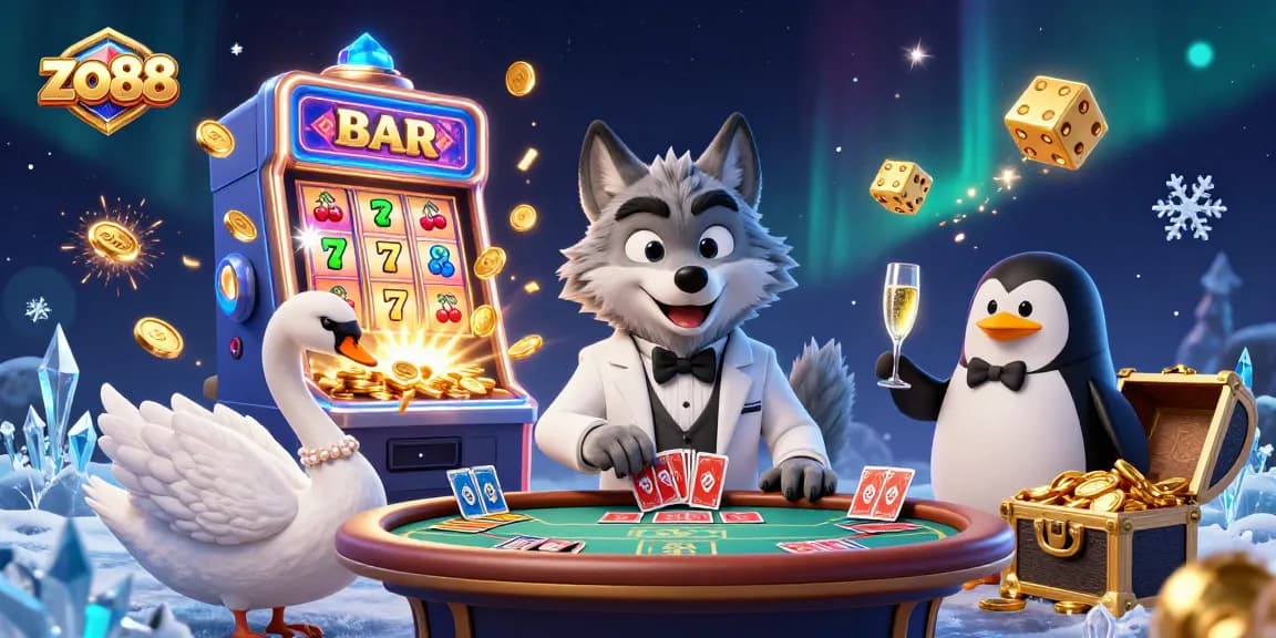 Experience excitement with zo88 as a debonair wolf plays baccarat amidst a jackpot explosion in this vibrant casino scene.