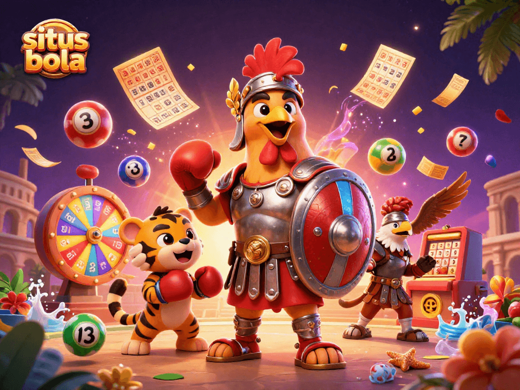 Engage in situs bola betting action, with a vibrant scene featuring a gladiator rooster and tiger cub.