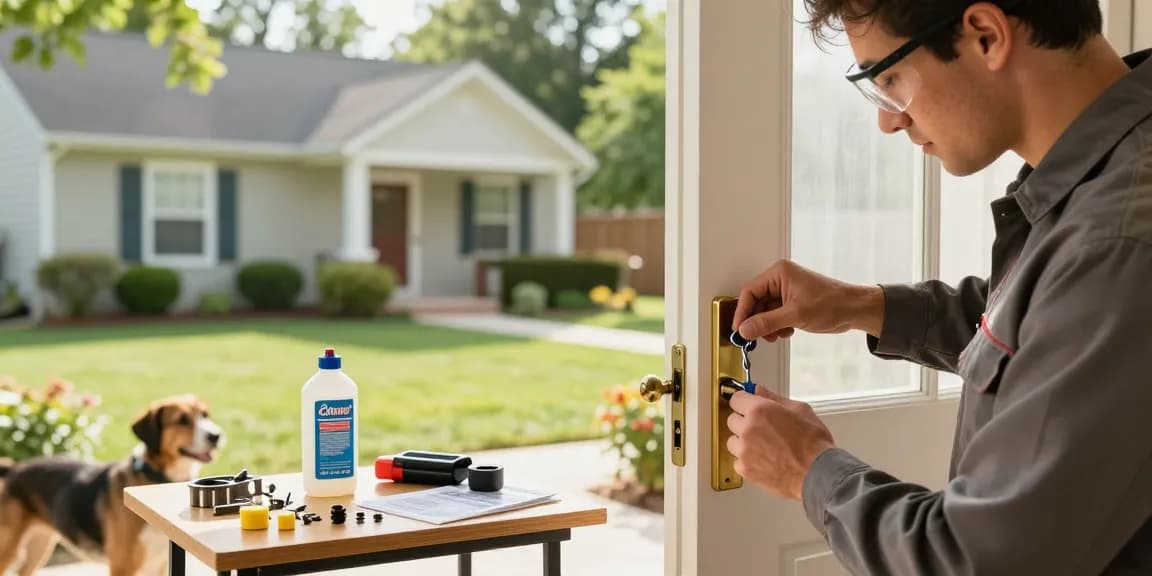 Lock Rekey Raleigh service by a professional locksmith carefully rekeying a door lock in a suburban home.