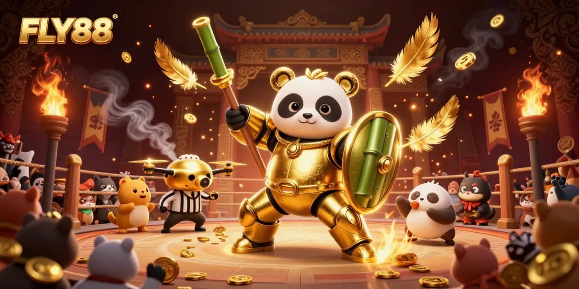 Join the thrilling action at FLY88 as the golden panda battles with dynamic energy in a vibrant cockfighting arena.