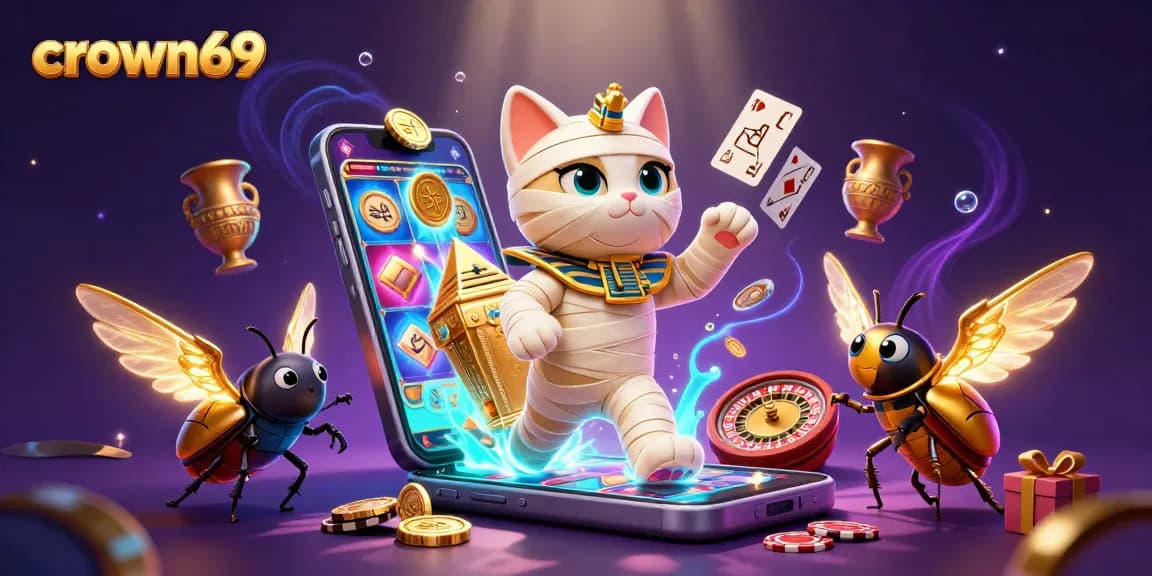 Experience crown69 with a dazzling Egyptian casino scene featuring a mummy cat and vibrant gaming action.