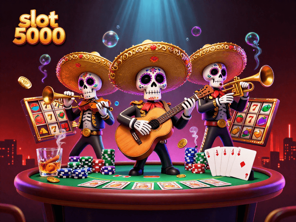 Experience the thrill of slot 5000 with a lively mariachi band amidst colorful slot machine symbols and poker elements.