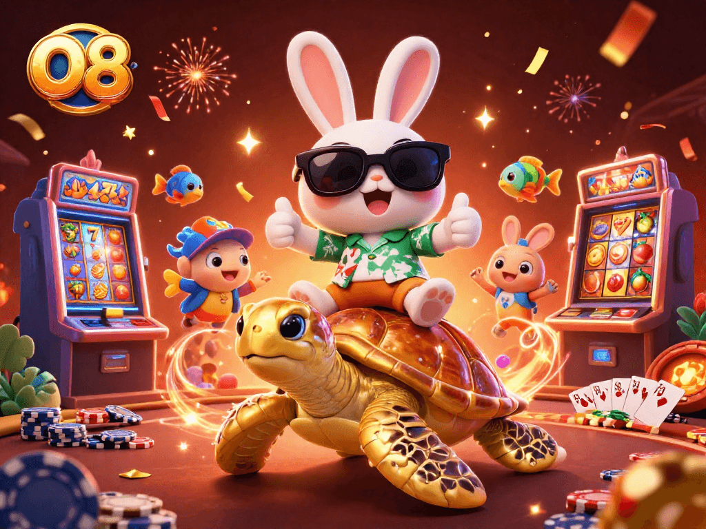 O8 brings excitement with a vibrant casino scene featuring a lucky rabbit and sea turtle!