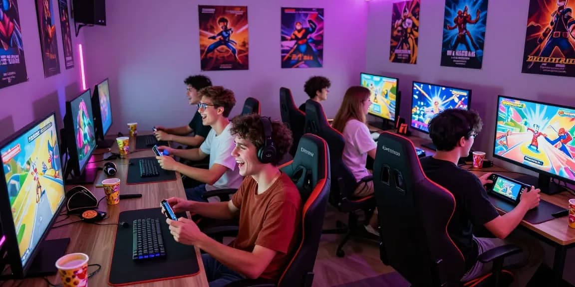 Engaged friends playing xxx games in a vibrant gaming room.