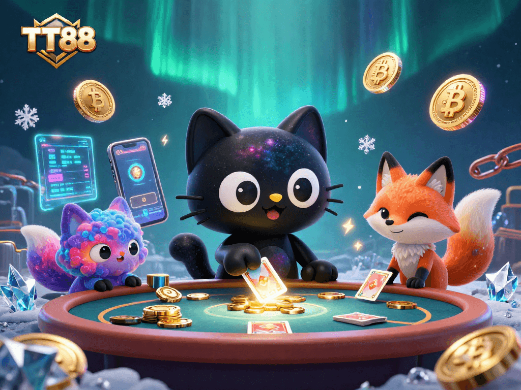 Engage in thrilling casino action with TT88, featuring a cosmic black hole cat and nebula fox.