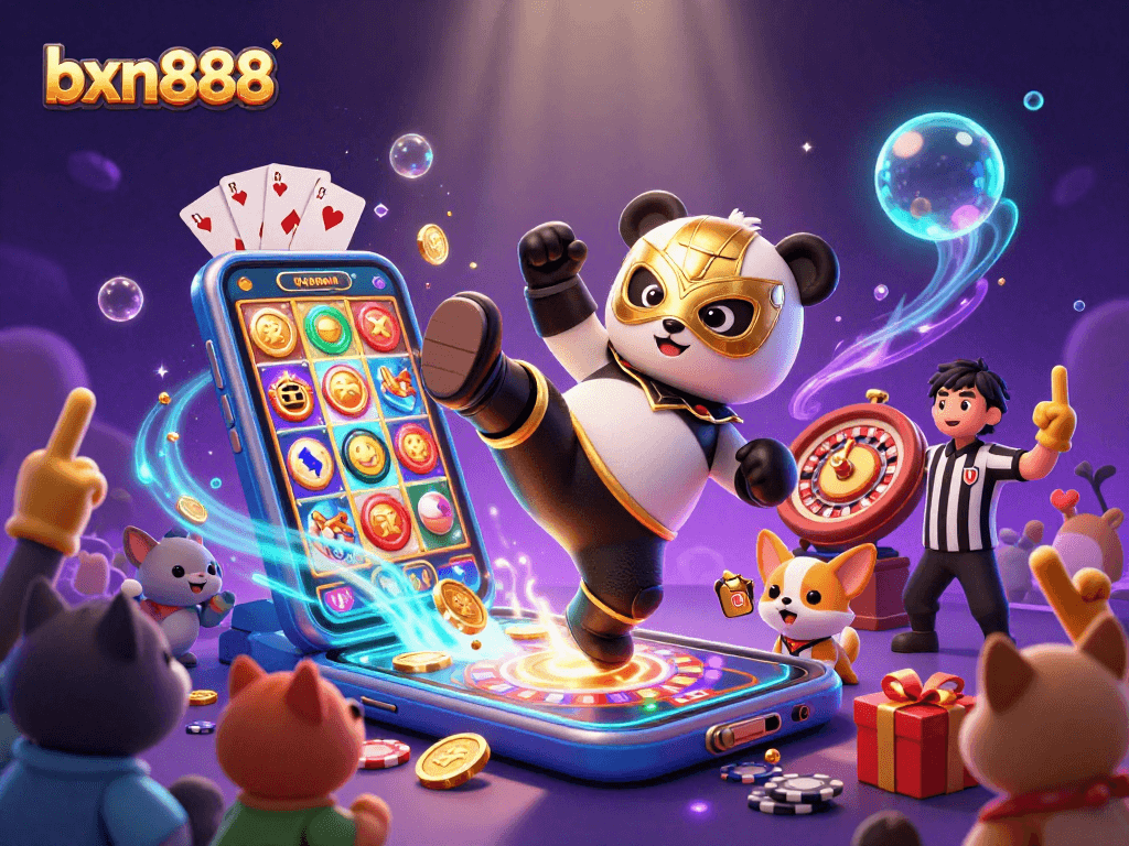 Bettors cheer for bxn888's thrilling slot games with a panda wrestler and chihuahua referee in a vibrant casino scene.