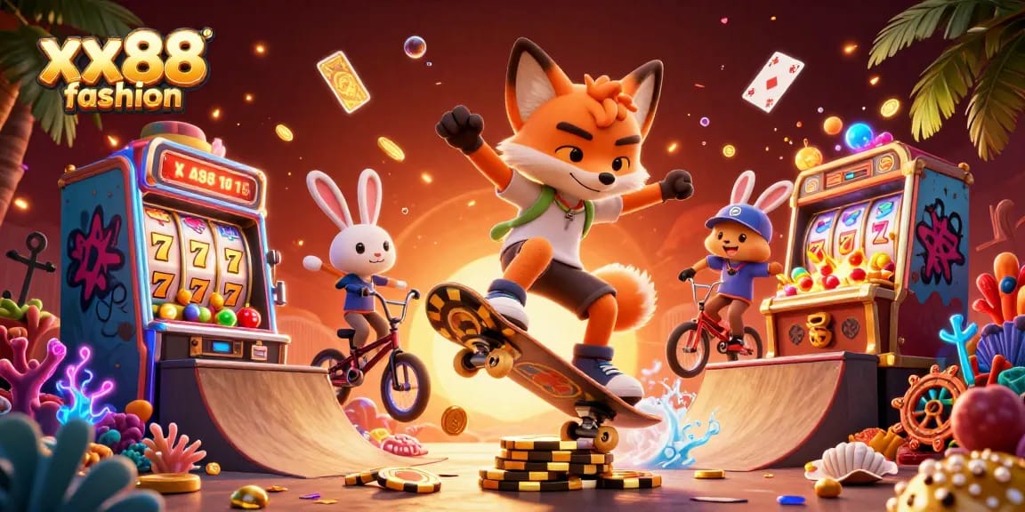 Experience vibrant xx88 fashion with a fox skateboarder and rabbit at a bustling casino scene.