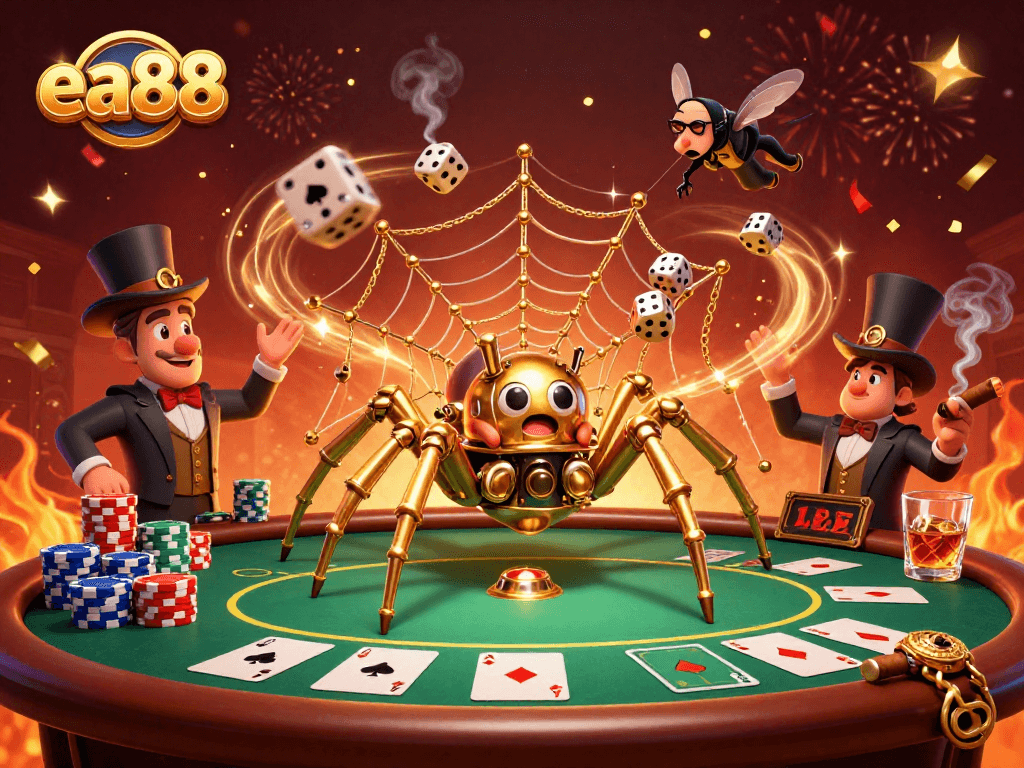Experience thrilling gameplay at ea88 with golden steampunk spider and poker elements in an exciting casino scene.