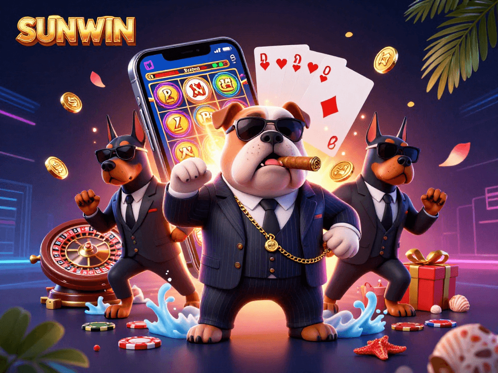 SUNWIN reels in action with a charismatic dog boss and bodyguards amid dynamic casino elements.