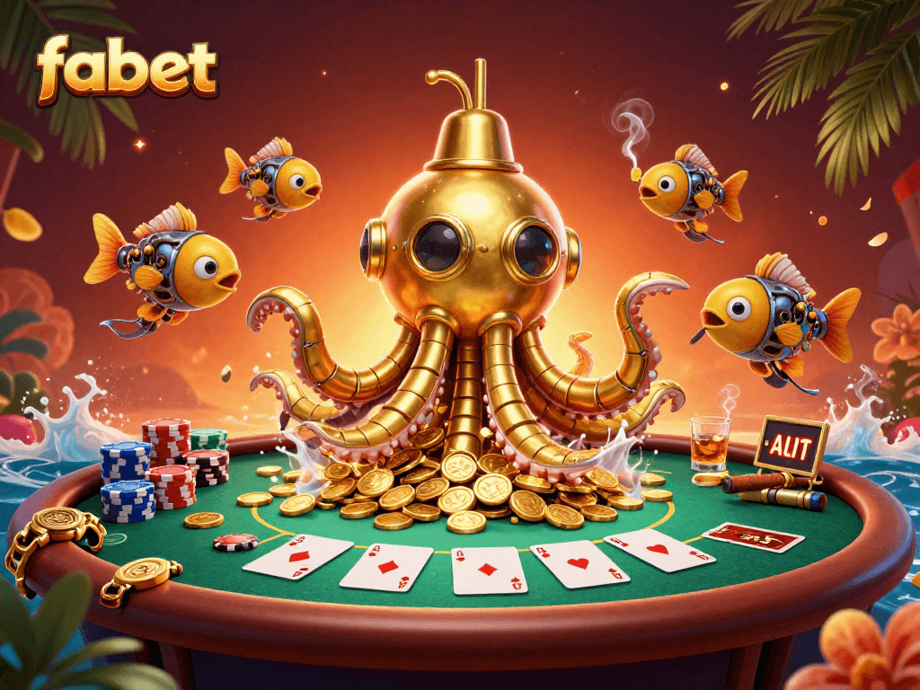 Engage with fabet's vibrant casino scene featuring a golden kraken and poker elements.