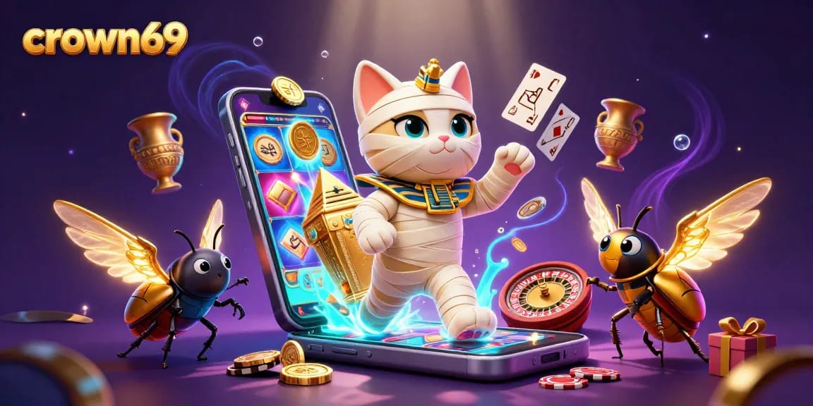 Experience crown69 with a dazzling Egyptian casino scene featuring a mummy cat and vibrant gaming action.
