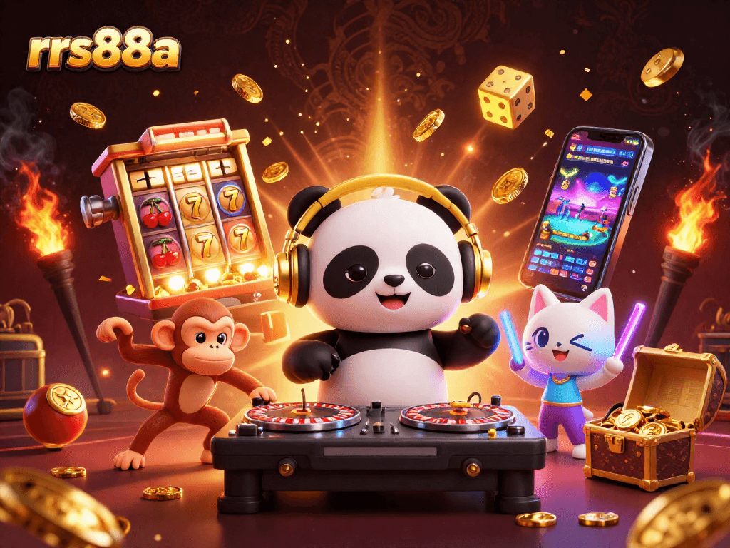 Experience rrs88a's vibrant casino energy with a DJ panda, breakdancing monkey, and glowing kitten.