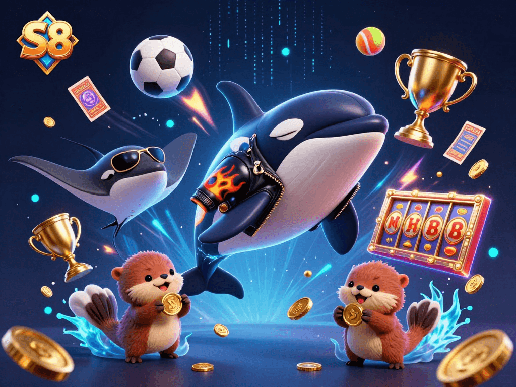 S8 offers thrilling gaming experiences with orca, stingray, and otters surrounded by lively casino elements.