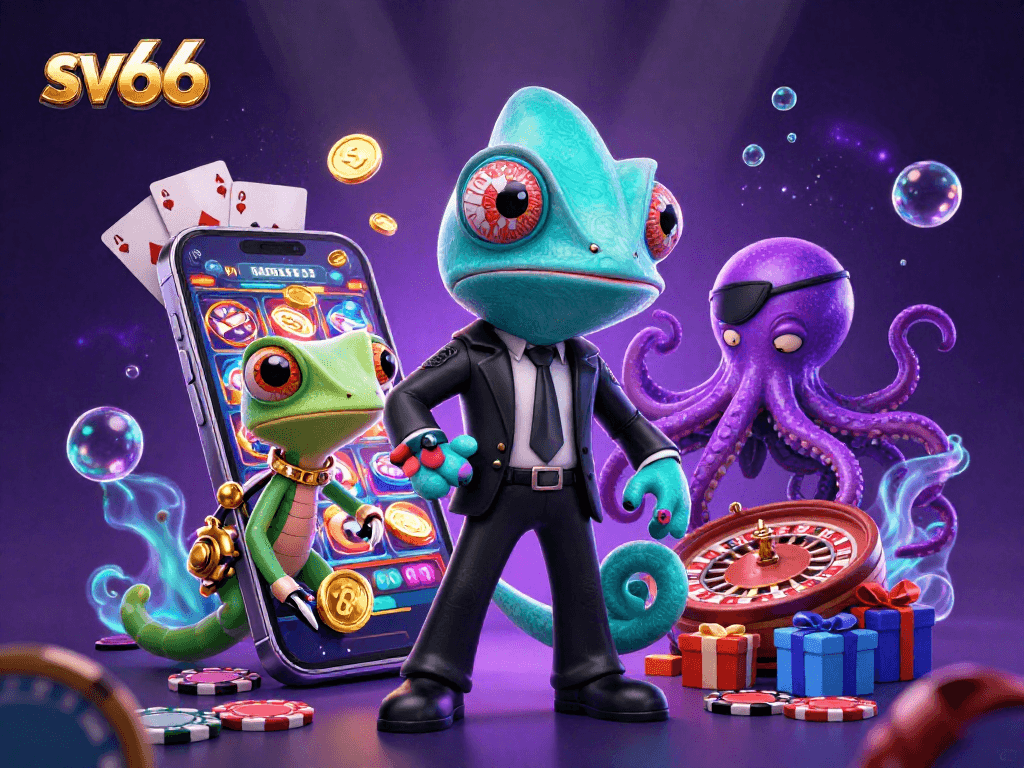 Experience SV66's vibrant gameplay with colorful slot elements and dynamic casino characters.