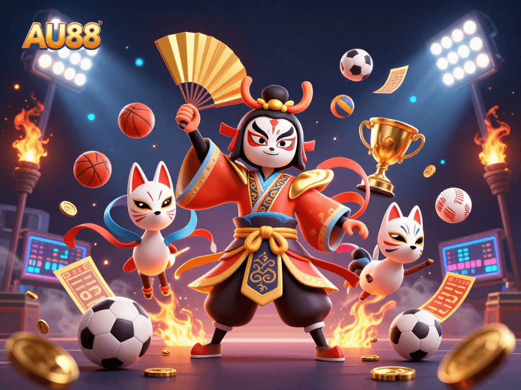 Engage in dynamic sports betting with AU88's vibrant 3D casino scene showcasing exciting gaming elements.