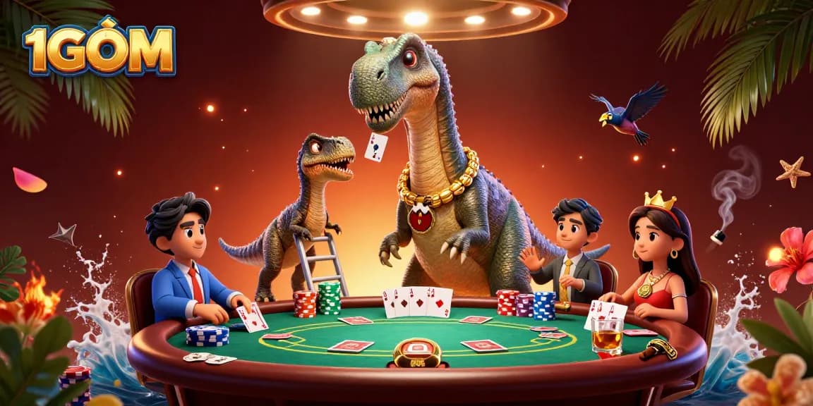 1GOM brings excitement to the table with thrilling poker action featuring a giant brontosaurus and raptor dealer.