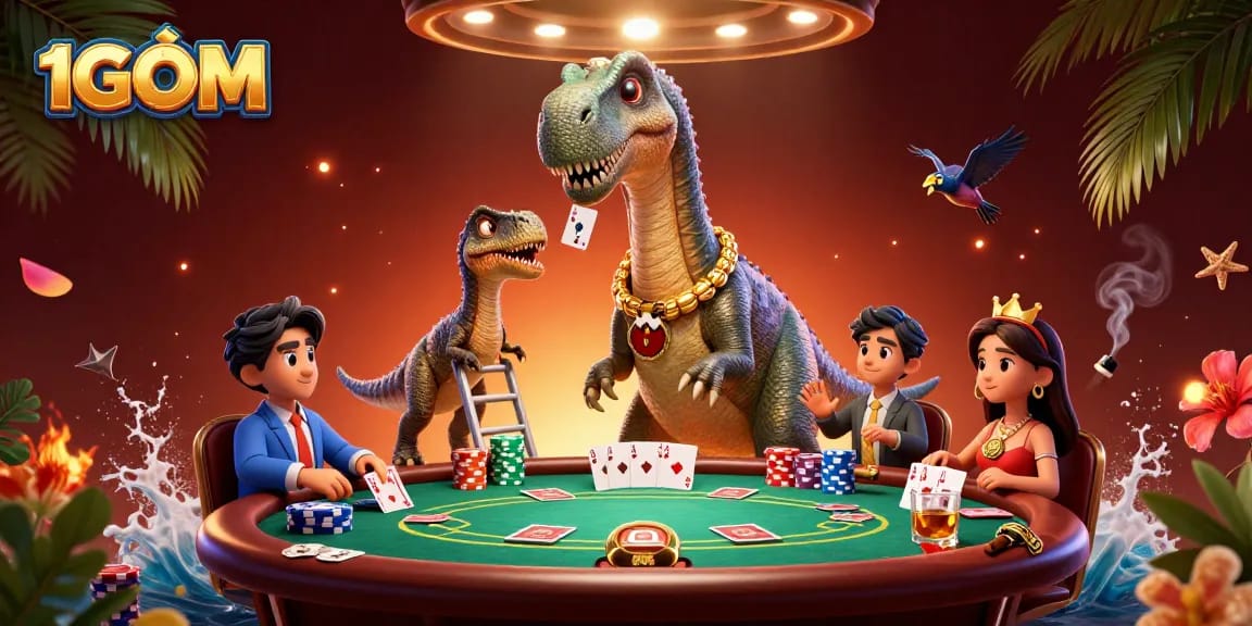 1GOM brings excitement to the table with thrilling poker action featuring a giant brontosaurus and raptor dealer.