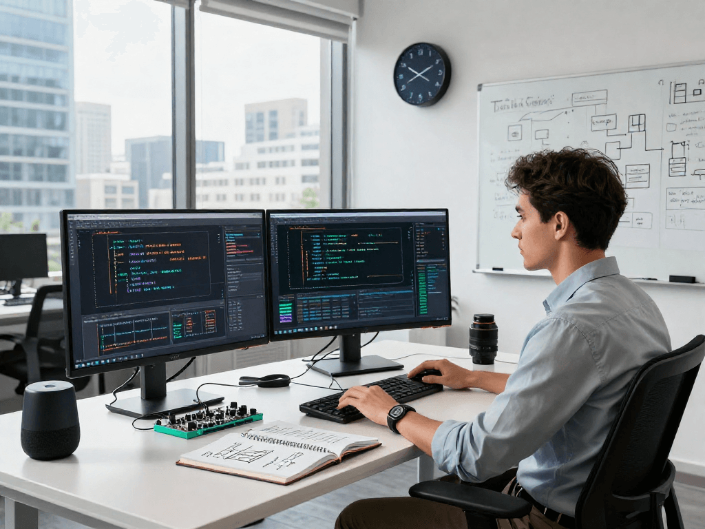 Data scientist analyzing crush ai algorithms in a modern workspace with advanced tech gadgets