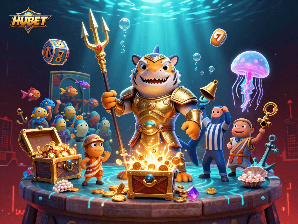 Experience thrilling gameplay at HUBET with a vibrant underwater casino scene featuring a winning tiger shark.