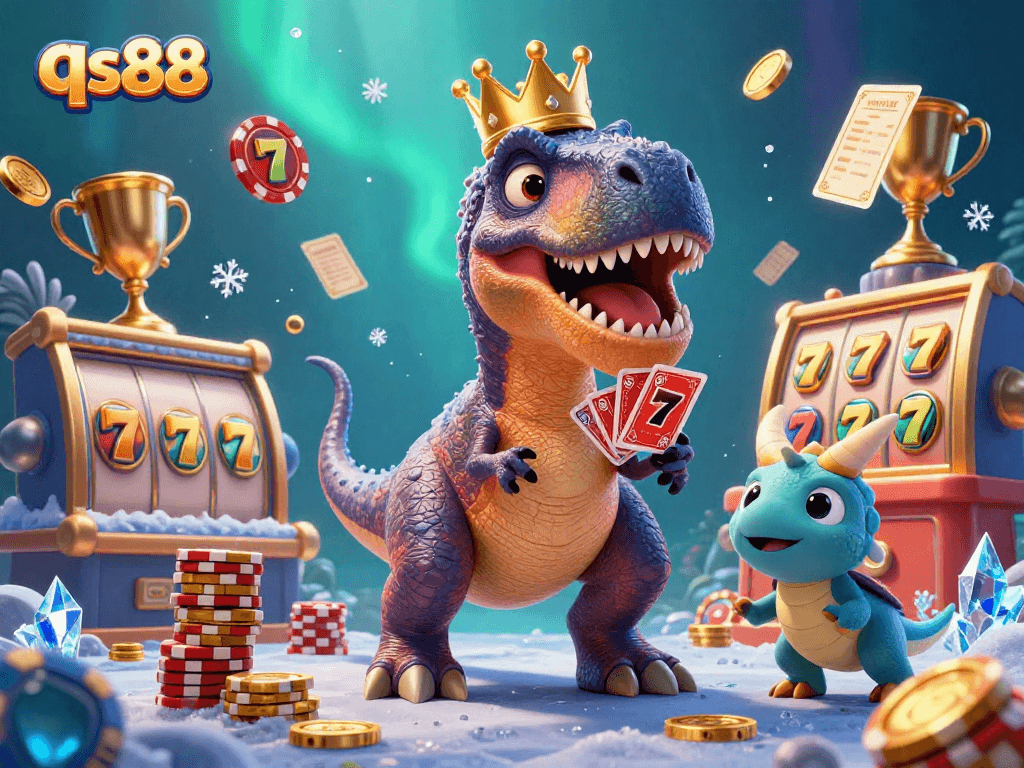 Engage with qs88 at this captivating online casino scene featuring a T-Rex and baby triceratops.