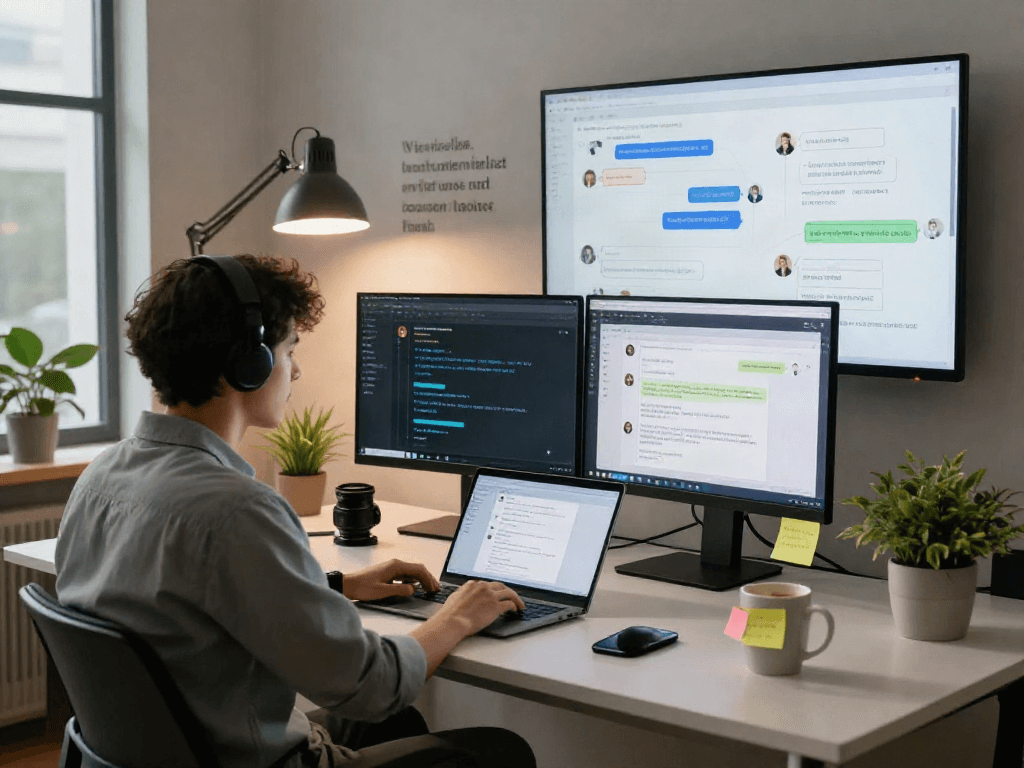 AI chat NSFW development scene in a modern workspace with a developer creating engaging dialogues.