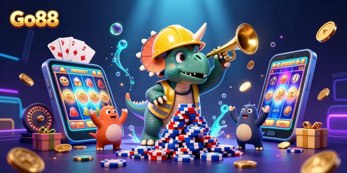 Go88 celebrates with a triceratops and parasaurolophus in a vibrant 3D casino illustration.