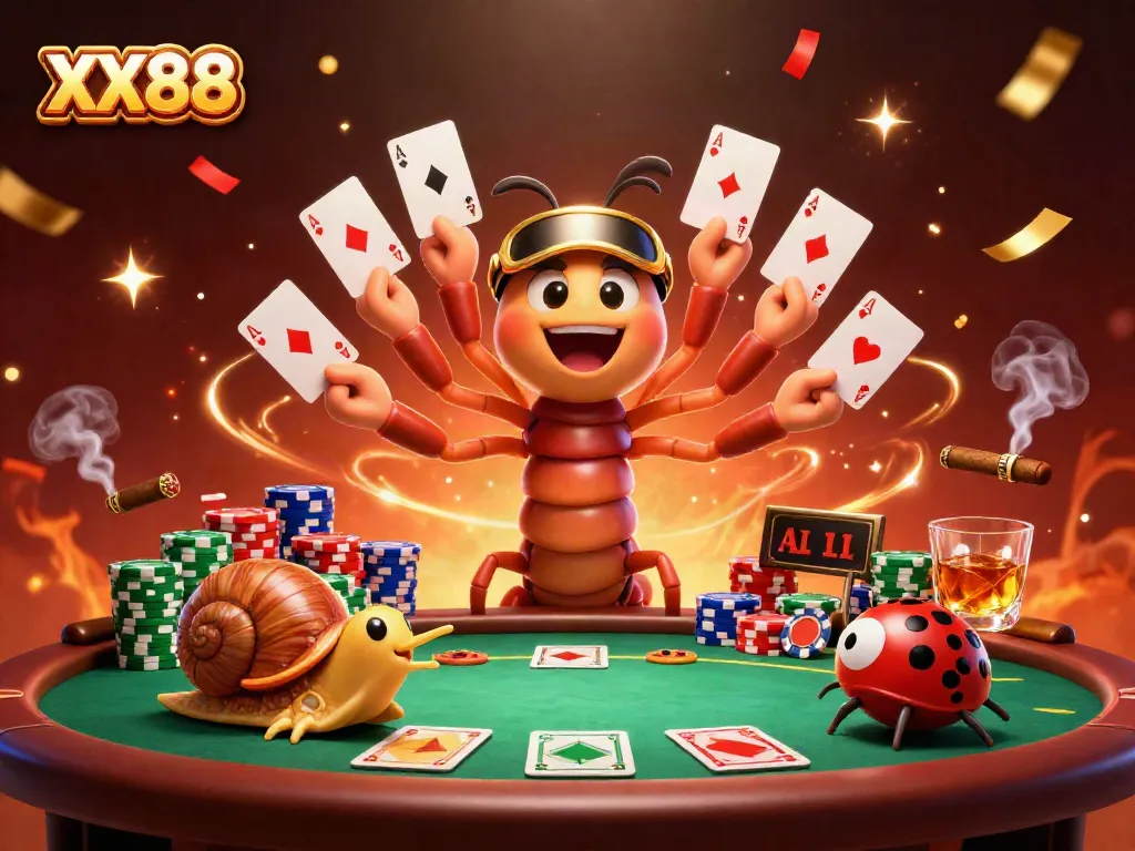 Experience the thrill of XX88 with a vibrant casino scene featuring a millipede dealer and high-rolling snail.