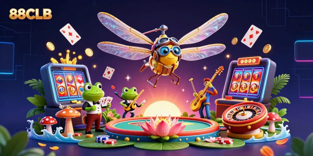 Experience the excitement of 88CLB with dynamic characters and casino elements in a colorful, engaging illustration.