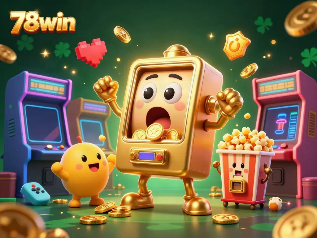 Join the fun at 78win with a golden slot machine winning big, surrounded by cheering friends and colorful arcade elements.