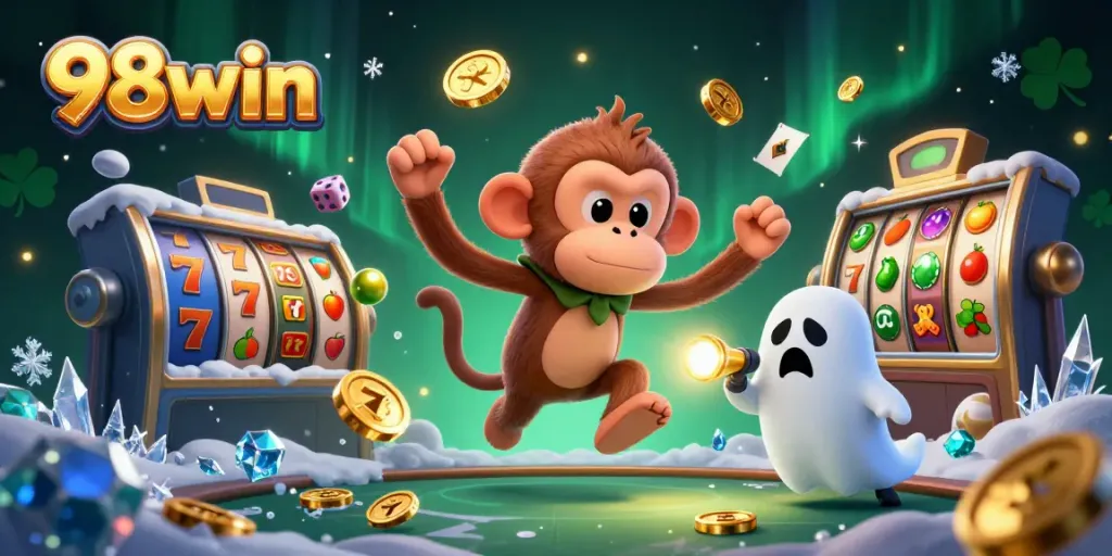 Experience gaming thrills with 98win's dynamic haunted casino scene, showcasing exciting slots.