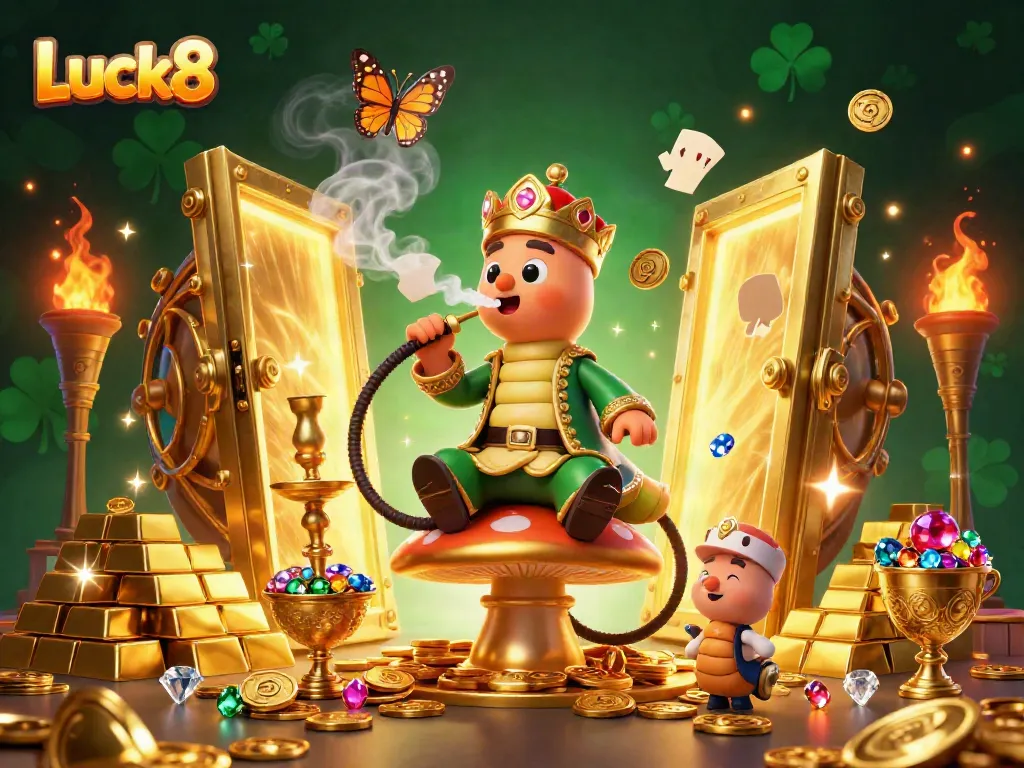 Luck8 showcases a vibrant 3D illustration of an enormous caterpillar master enthroned, surrounded by dazzling casino treasures.