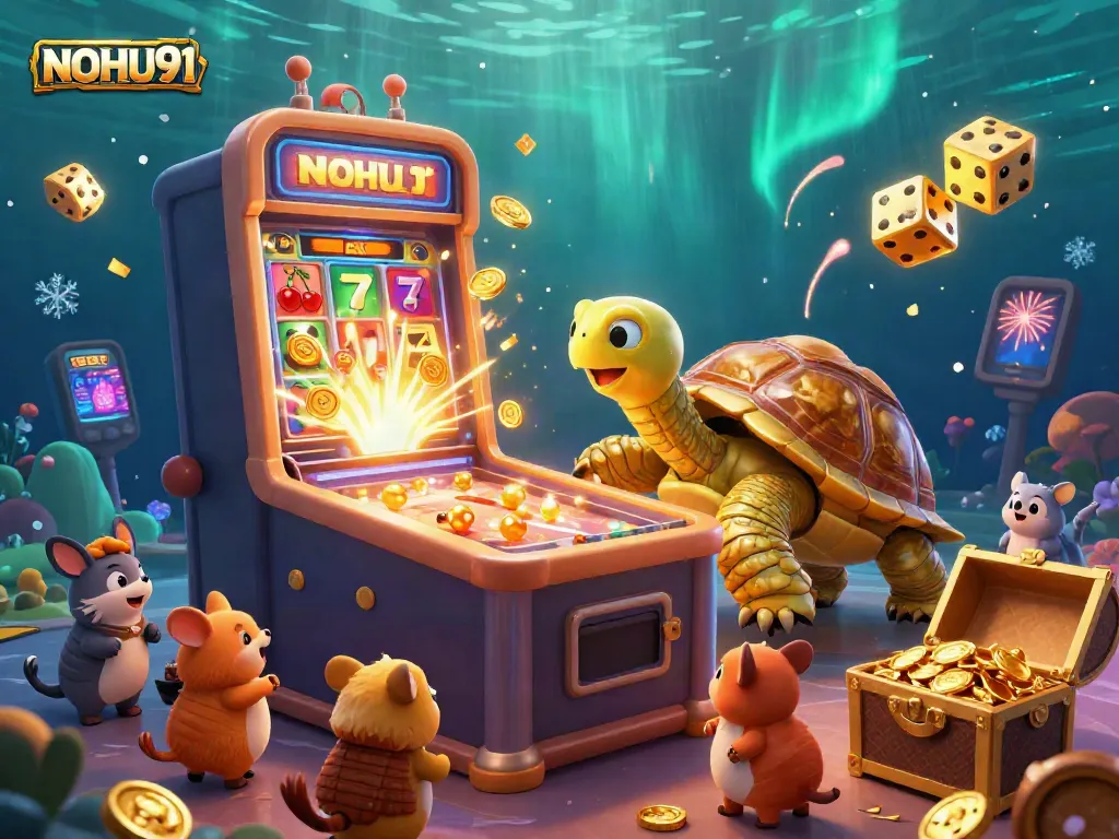 Experience the excitement of NOHU91 with a golden tortoise pinball machine and slot machines.