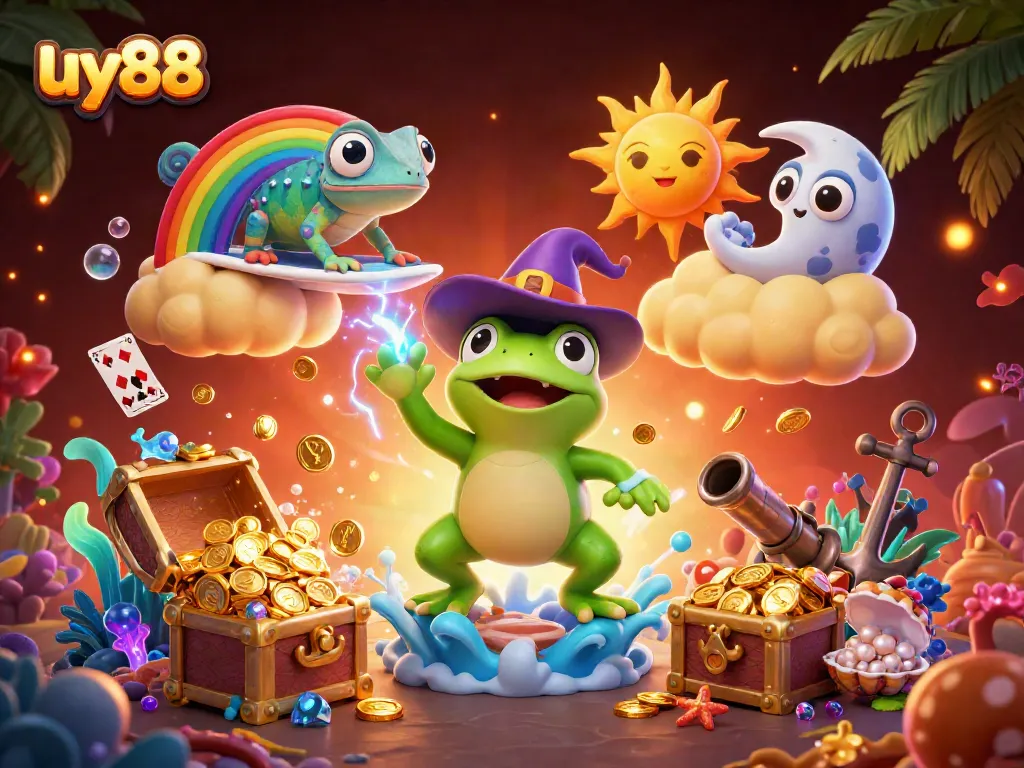 Experience excitement at uy88 with a whimsical casino-themed illustration showcasing vibrant characters and gold