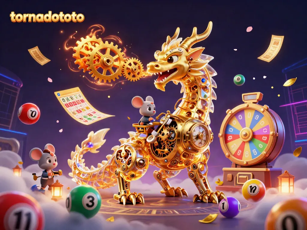 Spin for surprises with tornadototo's dynamic golden dragon, colorful lottery balls, and confetti!