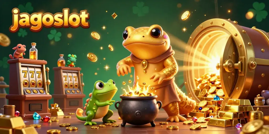Slot permainan jagoslot dalam ilustrasi 3D yang menampilkan alkemis salamander dan cauldron emas.