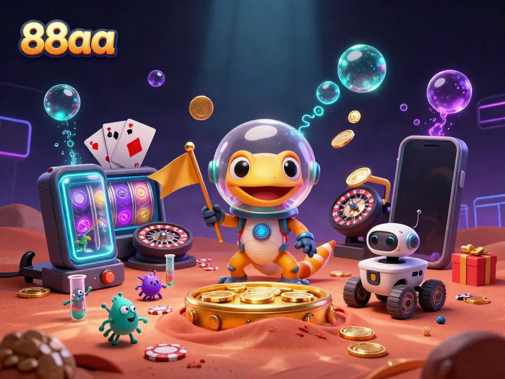 Experience the thrills of 88aa with a Martian gecko and casino treasures in a colorful 3D scene.