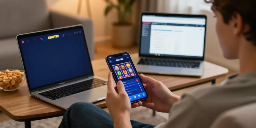 Member ASLOTRE bermain slot online dengan aplikasi di smartphone, suasana hangat dan nyaman.