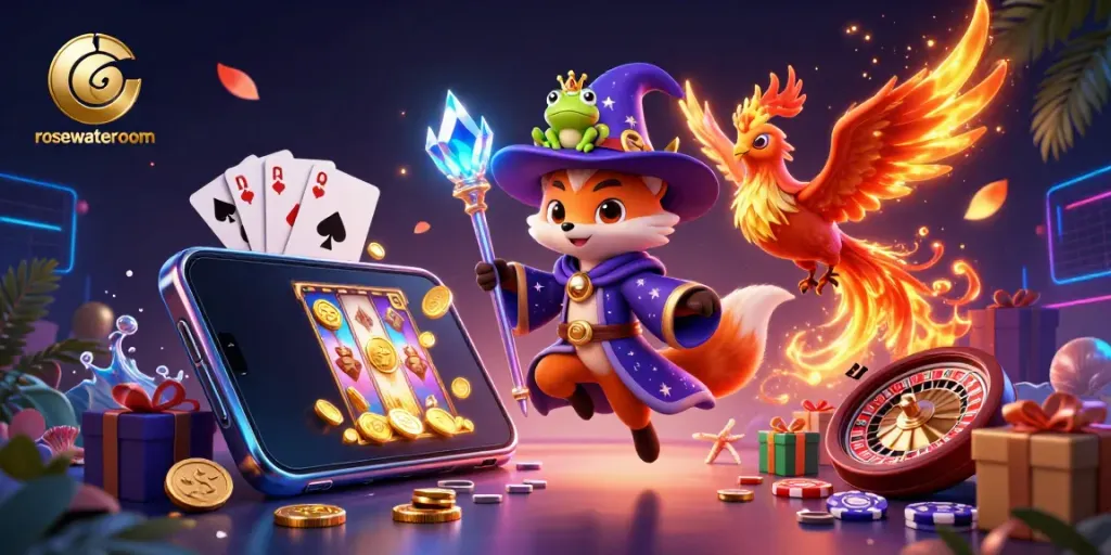 Experience the magical allure of rosewaterroom with a mystical scene featuring vibrant gambling elements and enchanting characters.