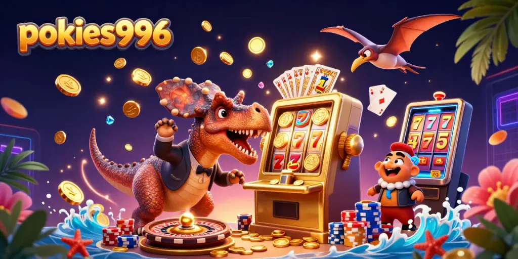 Experience pokies996 excitement as a pachycephalosaurus hits a jackpot on a golden slot machine, with flying coins!