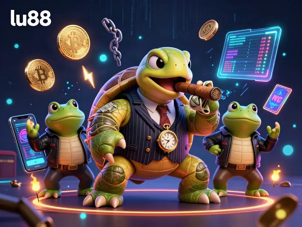 Engage with exciting games at lu88 featuring a colorful 3D casino illustration with dynamic characters and crypto elements.