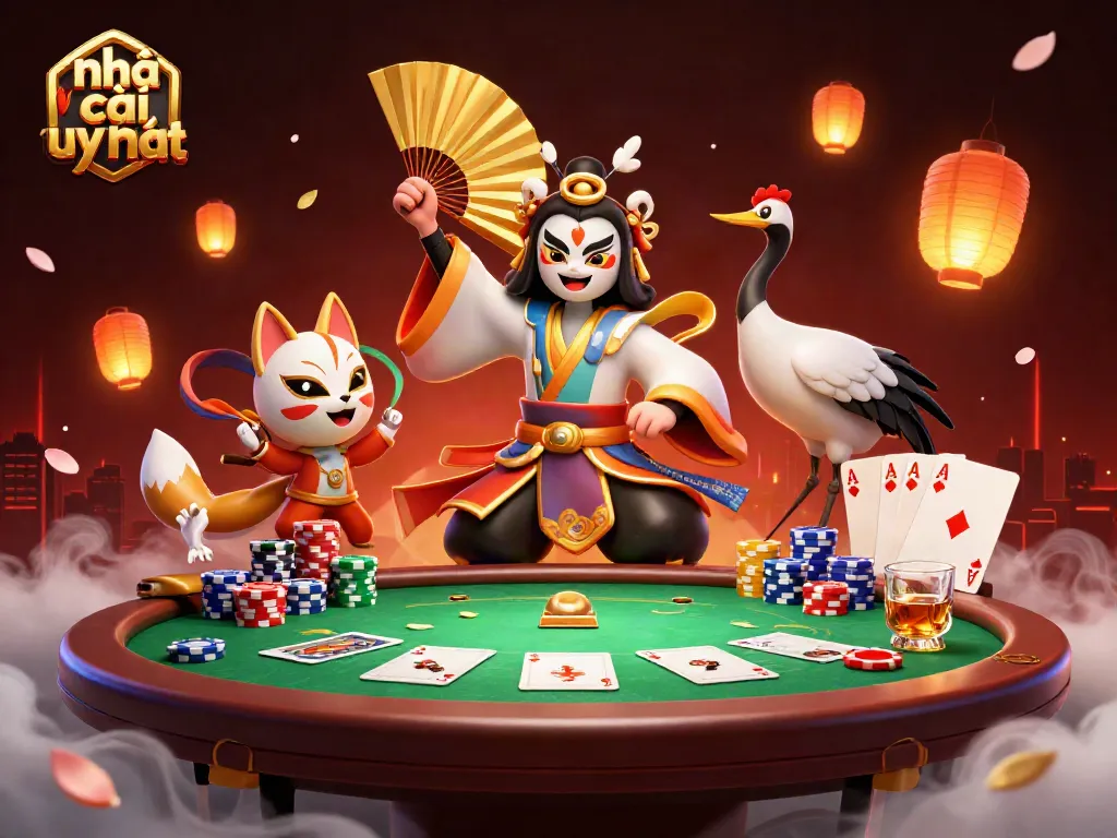 Engage with nhà cái uy tín in a vibrant, immersive 3D casino scene filled with poker elements.