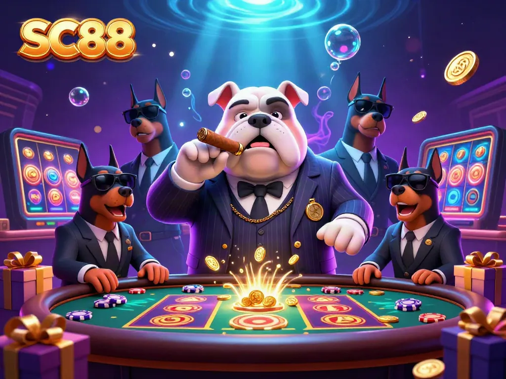 Play thrilling games at SC88 with a mafia bulldog and Doberman bodyguards showcasing an exciting casino scene.