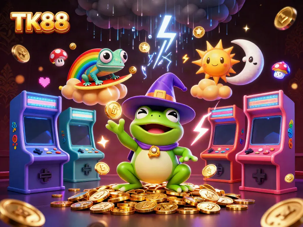Experience the excitement of TK88 with a magical storm of golden coins from a wizard frog!