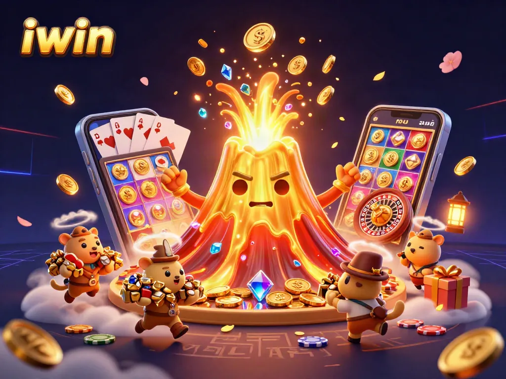 Win big with iwin on an exciting 3D illustration featuring a golden volcano erupting treasure and dynamic casino elements.