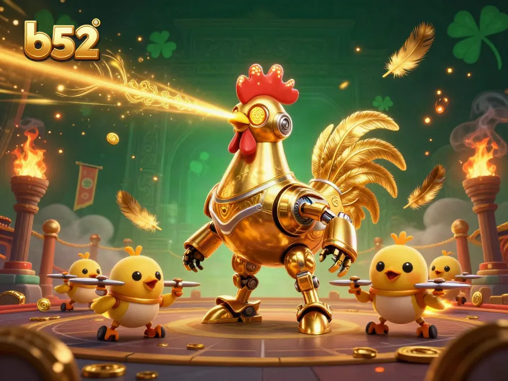 B52 showcases a vibrant casino scene with a golden rooster robot and baby chick drones in action surrounded by gold coins.