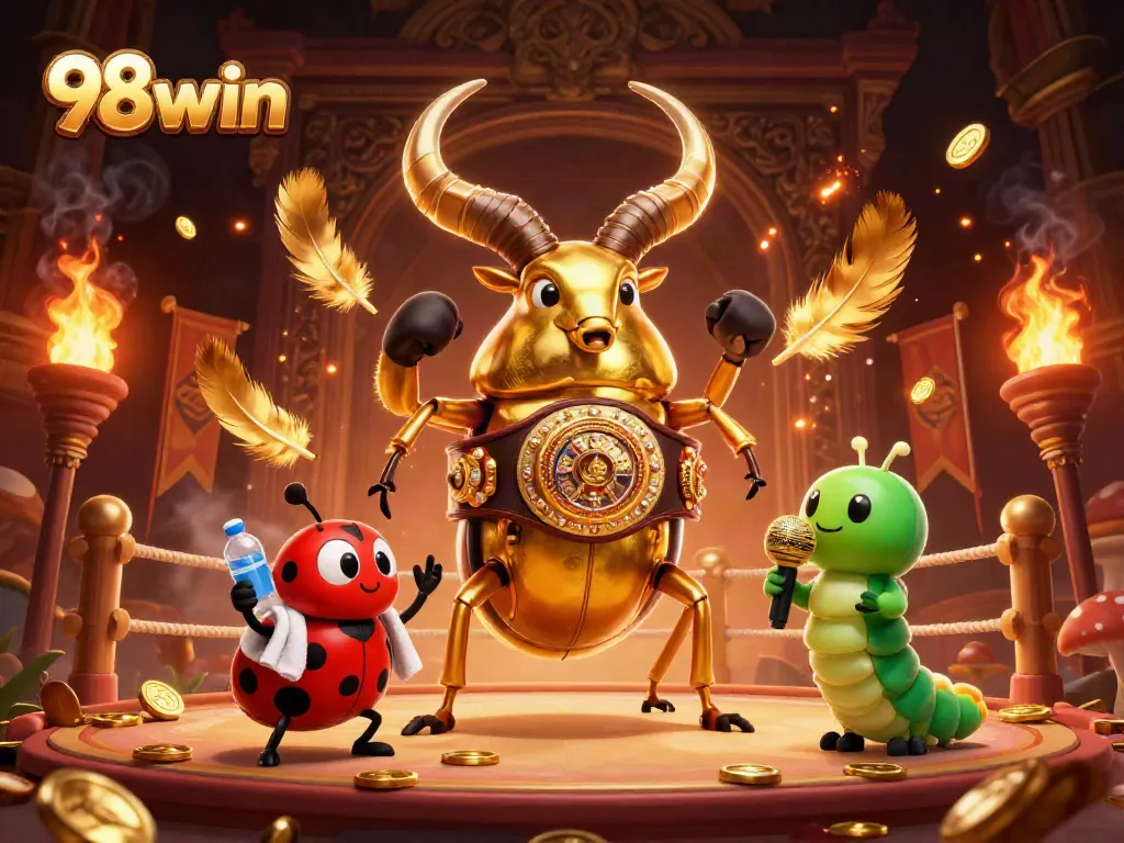 Engage in thrilling battles with 98win's vibrant 3D scene featuring a golden stag beetle and characters.