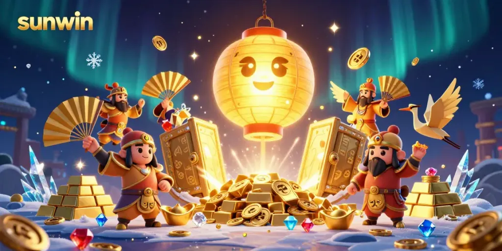 Win big with sunwin's vibrant gaming spirit surrounded by treasure and fortune in this dynamic casino scene.