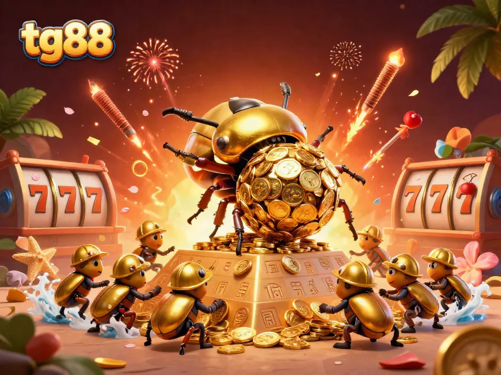 Experience winning moments at tg88 with a vibrant scene of golden beetles and casino symbols.