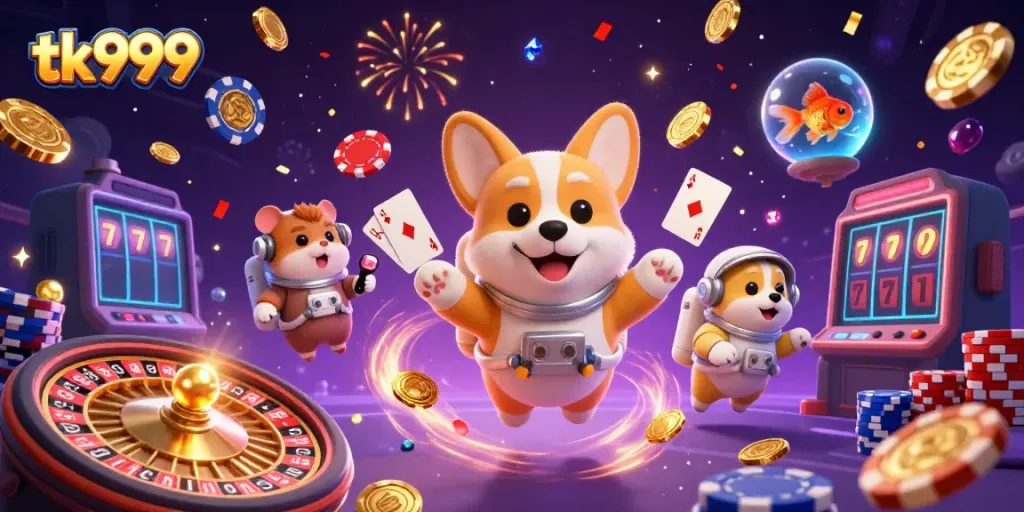 Experience the excitement of tk999 gaming with floating characters and casino elements in vibrant space atmosphere.